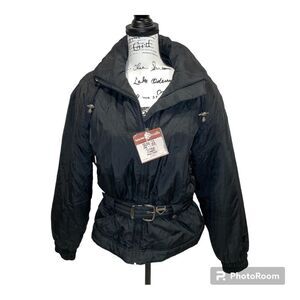80’s 🎿 Vintage Tyrolia black puffy ski jacket belted pockets snow winter